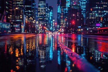 Obraz premium City lights reflected on a rain soaked street at night