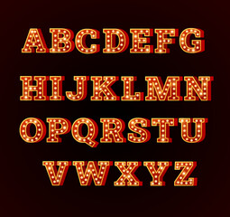 Vector illustration of English alphabet letters with lights in retro circus style. © sabelskaya
