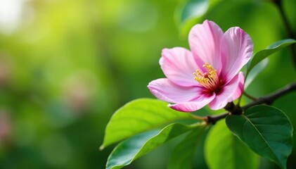 Soft pink petals unfurl on a branch amidst lush green leaves, blossom, blooming tree