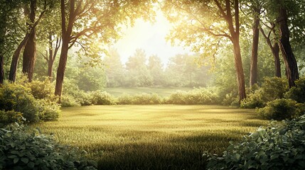 Fototapeta premium Sunlit Forest Meadow Landscape with Lush Green Grass and Trees