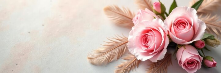 Fototapeta premium Soft pink vintage rose bouquet with delicate chicken feather texture background, floral, feminine, feathers