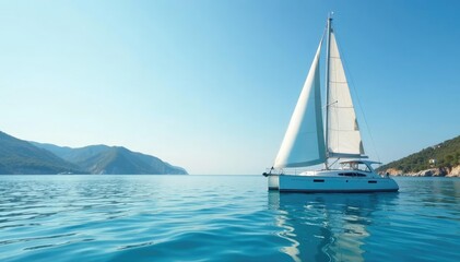 Fototapeta premium Sailboat with white sail anchored offTurkish Bay shore, nautical, yacht in the bay