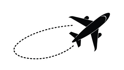 Black silhouette of an airplane with a dotted flight path.