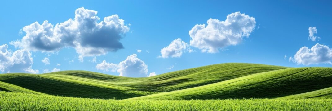 Rolling green hills under a clear blue sky with fluffy white clouds