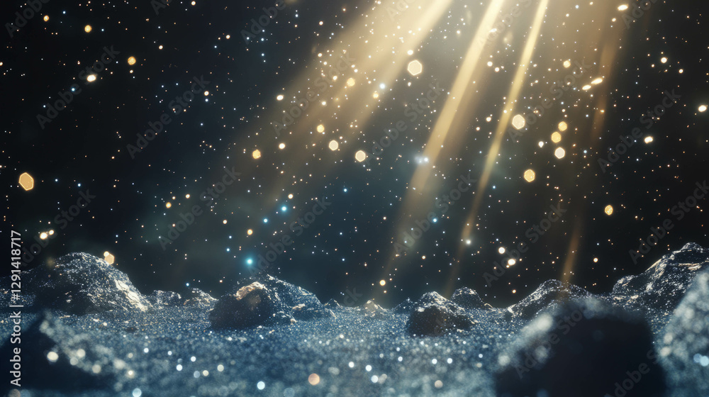 Poster celestial scene with starlight reflecting off asteroids in space