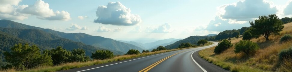 Fototapeta premium Soft white clouds drift above a winding asphalt road, with scattered trees and hills in the background, atmosphere, distant