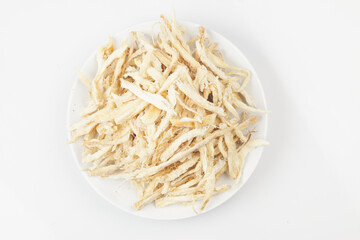 
      Dried pollack cut into small pieces. Or shredded dried pollack.