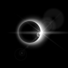 Vector black and white illustration of total solar or lunar eclipse with rays and highlights.