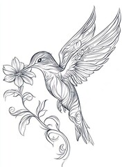 Obraz premium A sleek single-line drawing a hummingbird feeding from a flower, with swirling patterns forming its wings