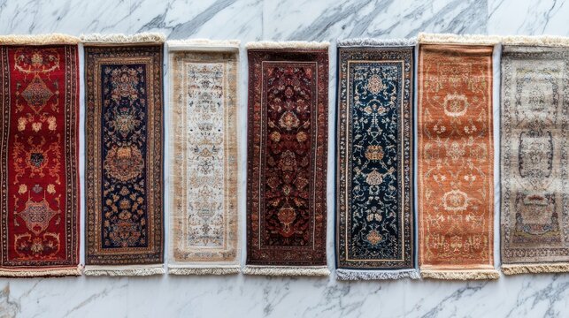 An overhead view of a collection of patterned rectangular rugs