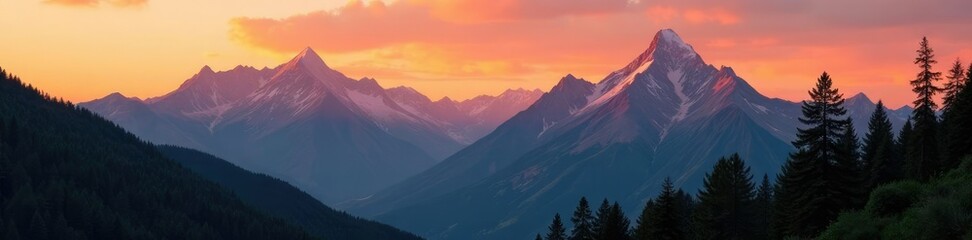 Obraz premium Warm orange hues on rugged mountain peaks at dusk, trees, summer, nature