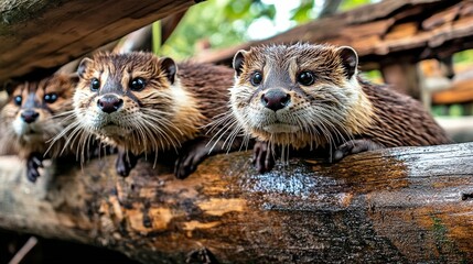Fototapeta premium A group of otters peers curiously from behind a log, their whiskered faces displaying playfulness and intelligence in a serene natural setting, surrounded by foliage.