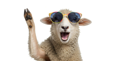 Naklejka premium Happy sheep wearing sunglasses waving its hoof, funny animals, copy space 