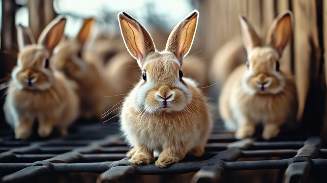 A lineup of adorable rabbits showcases their fluffy fur and vibrant eyes, capturing the essence of cuteness and playfulness in a delightful outdoor setting.