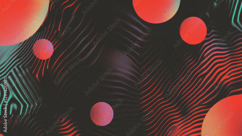 Poster vibrant abstract background with striped patterns and colorful spheres for creative design