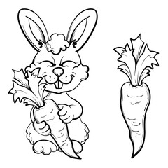 Bunny with carrot in cartoon style. Vector illustration of hare and carrot.