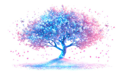 Obraz premium Glossy Iridescent Cherry Tree in Full Bloom with Petals Falling Isolate on White Background