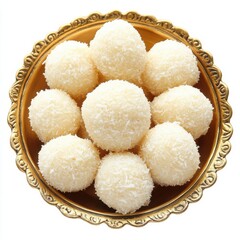 Homemade coconut sweet laddu on golden bowl top view