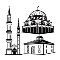 Islamic architecture slender minaret with arched windows,a domed structure with an ornate top.  