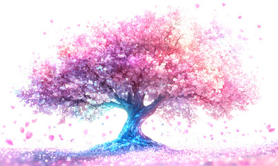 Glossy Iridescent Cherry Tree in Full Bloom with Petals Falling Isolate on White Background