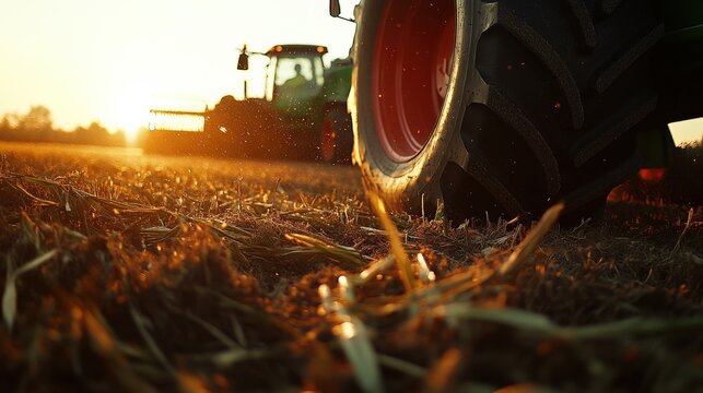 Fototapeta A close-up view of a tractor tire on a dusty field illuminated by golden hour light, depicting the hard work and effort put into crop cultivation and farming.