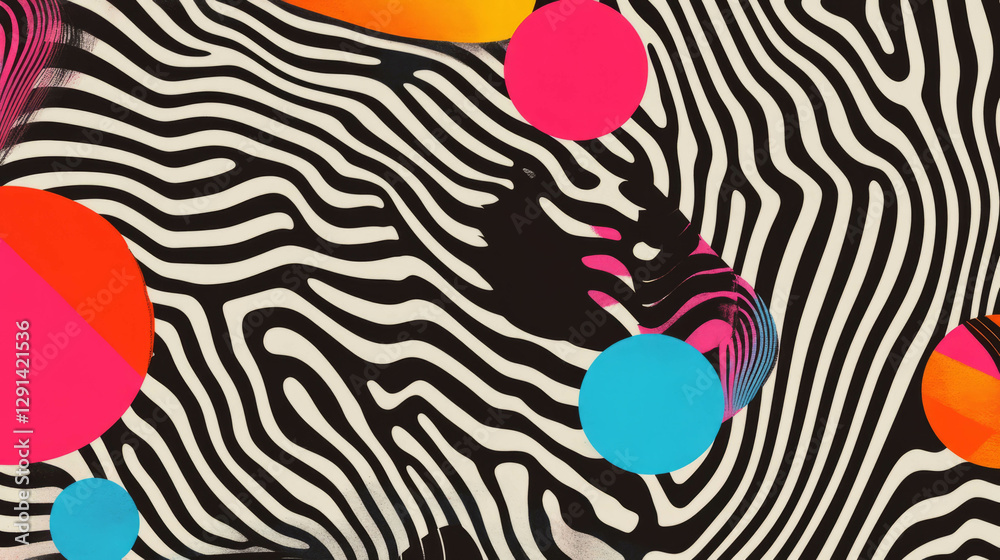 Poster Vibrant abstract background with striped patterns and colorful shapes for creative design