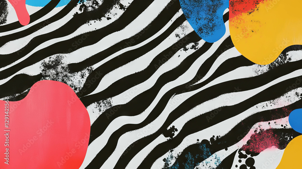 Poster Abstract art with striped patterns and colorful squiggles for creative design