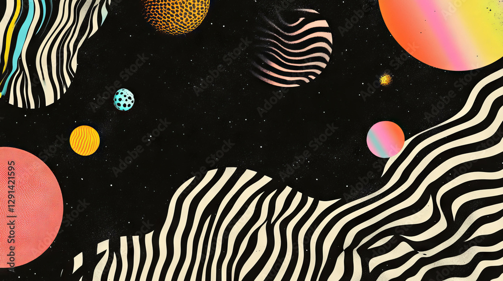 Poster cosmic abstract design with striped patterns and vibrant squiggles for modern art decor