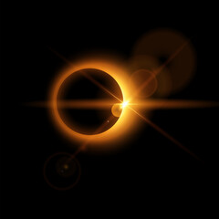 Solar eclipse with sunlight, halo flare and rays, vector realistic gold glowing planet eclipse in universe, Astronomy