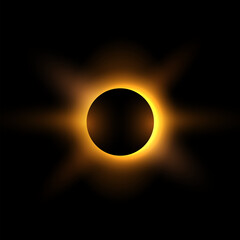Solar eclipse with sunlight and rays, vector realistic full planet eclipse in dark universe, golden glowing space planet