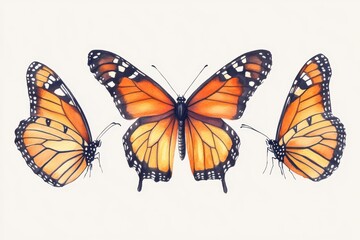 Fototapeta premium Intricate watercolor depiction of three unique butterflies on soft grey background