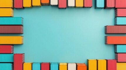 Obraz premium A vibrant arrangement of colorful shipping containers frames a blank space on a teal background, showcasing industrial design and creativity.