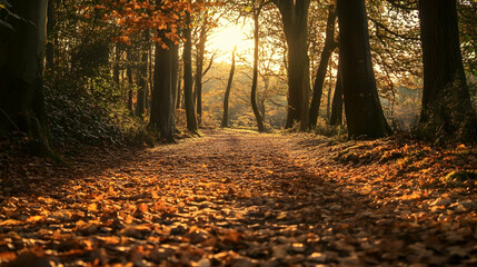 Golden hour woodland trails with seasonal leaf coverage