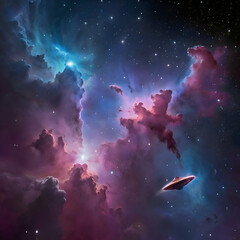 Fototapeta premium Glowing Starships in Formation Soaring Across a Radiant Nebula