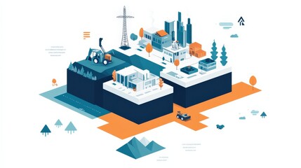 A vibrant illustration of a modern cityscape with buildings, greenery, and machinery