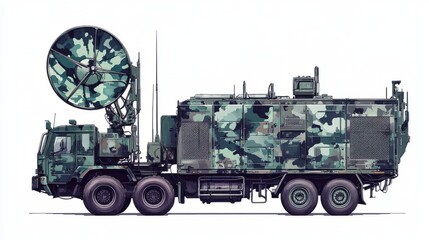 Fototapeta premium Digital Illustration of a Camouflaged Military Truck with Large Satellite Antenna