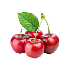 Three bright red cherries with a green stem and leaf isolated on a transparent background