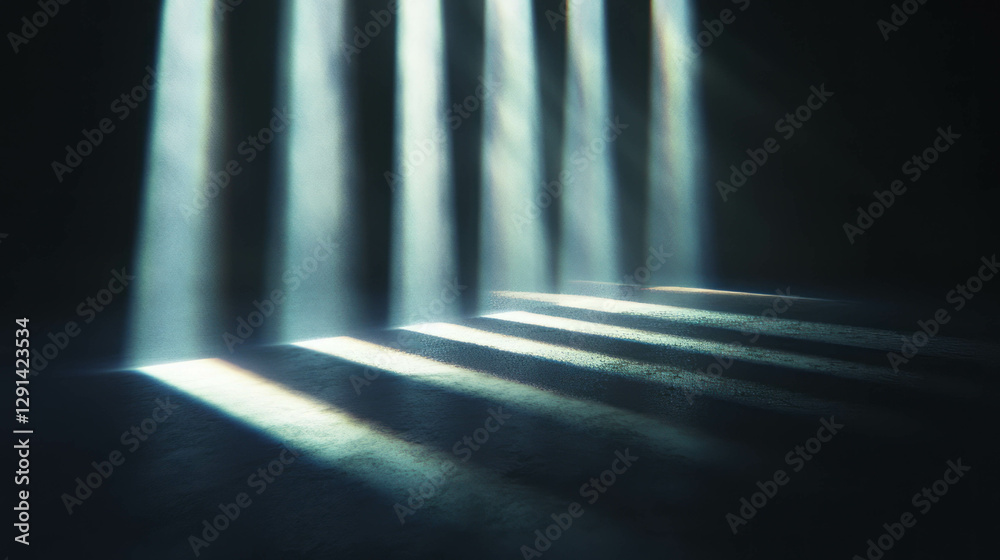 Poster enchanting sunlight beams creating mystical light pillars on dark background