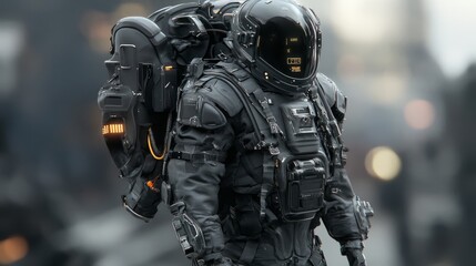 Futuristic Astronaut in Dark Grey Spacesuit Amidst a Blurred City Background
