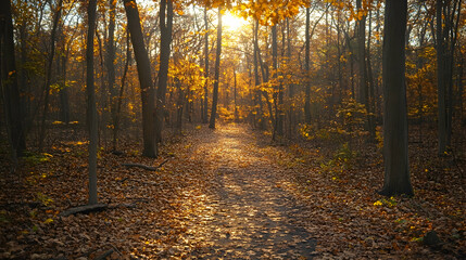 Golden hour woodland trails with seasonal leaf coverage