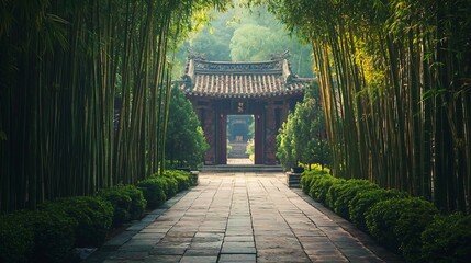 Path to Tranquility: Bamboo Forest Leading to a Traditional Chinese Gate