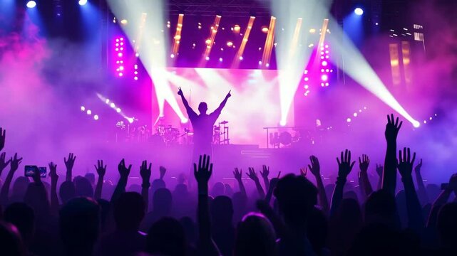 Crowd of people at rock or pop concert, music festival, cheering band. Fans raised hands wave and dancing. Purple pink color. Energy drive atmosphere. Fun night club party. Cool rave. Nightlife.