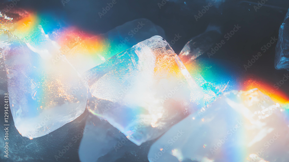 Poster colorful spectrum of sunlight refracting through ice blocks for artistic design