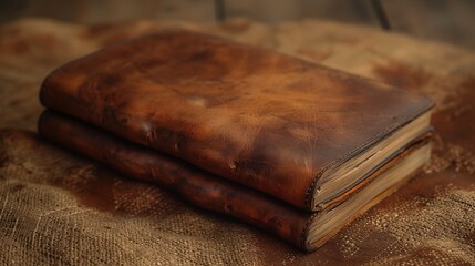 Two vintage leather-bound books stacked on a textured fabric with an aged and worn appearance evoking a sense of history
