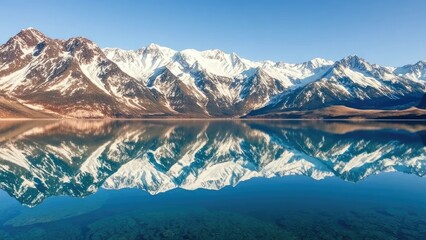 A majestic white striped mountain range reflected in the crystal clear lake, mountain, majestic