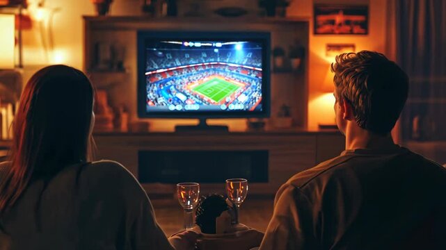 Couple gather living room in evening watch cool football match on television with wine. Family cheers soccer on TV, support favorite team. Sports fans at home bets on victory. Back rear view. Date.