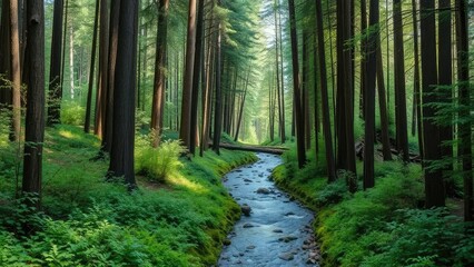 Fototapeta premium A narrow forest stream flows through a dense thicket of tall trees, greenery, trees, forest stream