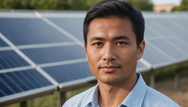 Southeast Asian Male Sustainability Specialist in Solar Energy Field, Focused Expression and Technological Mastery