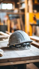 Close up of gray hard hat and safety glasses on table in carpentry workshop with copy space