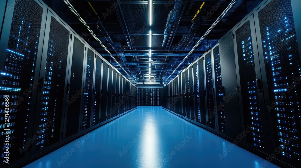 Aufkleber A futuristic data center with rows of illuminated blue server racks in a secure, high-tech environment. Perfect for cloud computing, cybersecurity, and IT infrastructure concepts